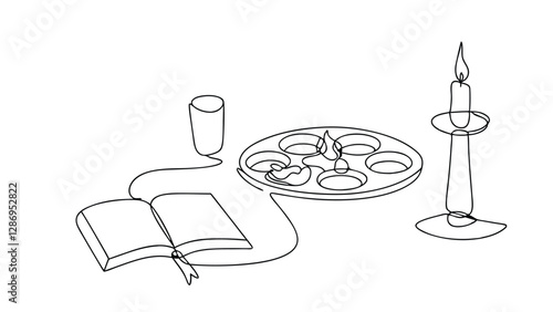 A singleline drawing depicts a Passover Seder plate with matzah, a lit candle, a cup, and an open book with a pen, symbolizing Jewish tradition and learning.