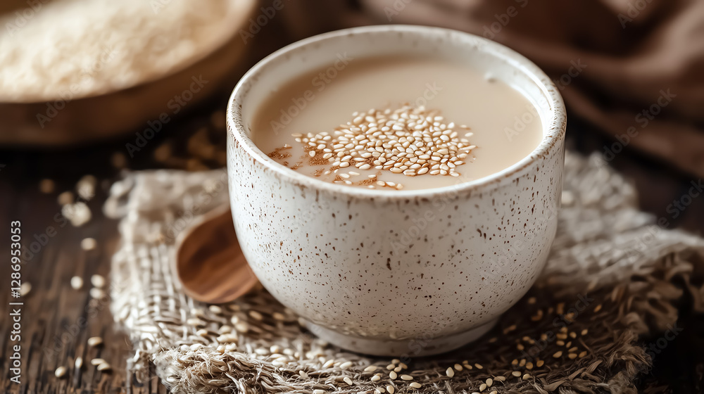 Aesthetic food photography of sesame milk in a white ceramic cup, soft warm lighting, earthy textures, ultrarealistic detail Aesthetic food photography of sesame milk in a white ceramic cup, soft warm lighting, earthy textures, ultrarealistic detail