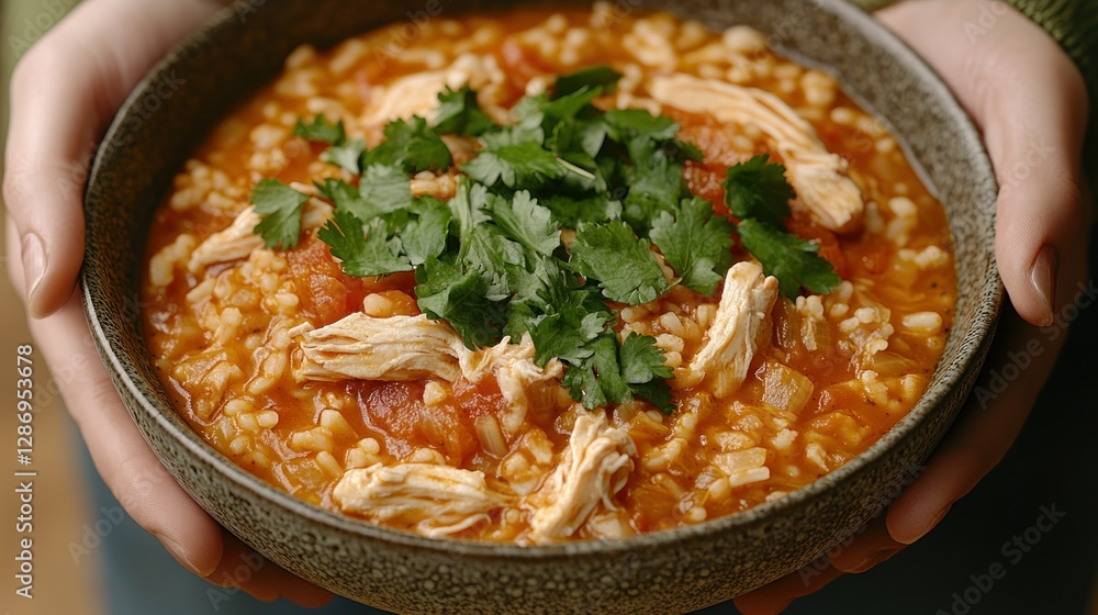 Hands holding bowl of chicken and rice soup with cilantro garnish Hands holding bowl of chicken and rice soup with cilantro garnish