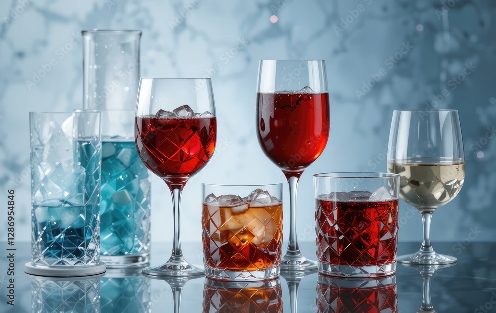 Assorted Refreshing Cocktails in Elegant Glassware with Ice Cubes Assorted Refreshing Cocktails in Elegant Glassware with Ice Cubes