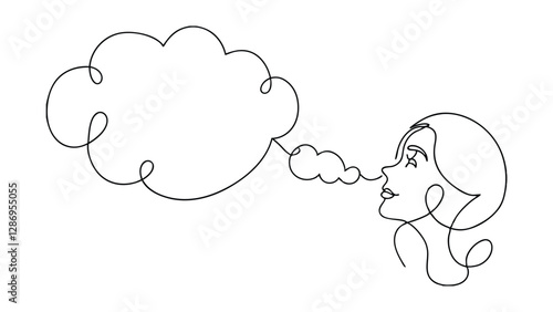 Oneline drawing, woman, thought bubble, exhale, breath, cloud, mind, concept, art, sketch