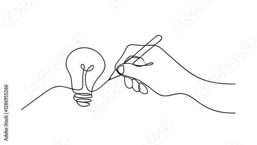 Continuous Line Drawing Hand Sketching Bright Lightbulb Idea