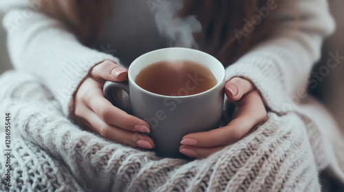 Closeup of woman s hands holding a steaming cup of tea, blanket covering her lap, warm and cozy winter sickness concept, cinematic shot photo