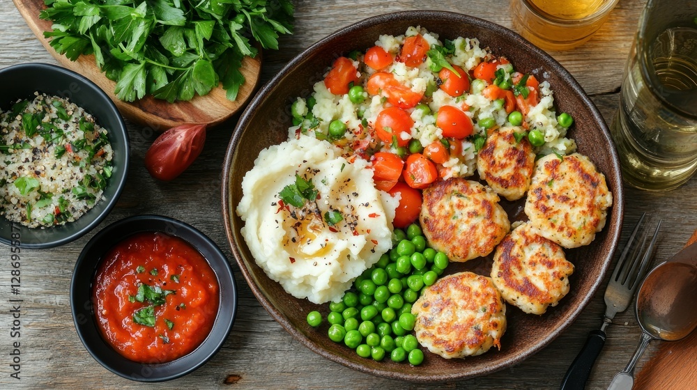 Healthy meal bowl with mashed potatoes, fish cakes, vegetables, and sauce on rustic wood Healthy meal bowl with mashed potatoes, fish cakes, vegetables, and sauce on rustic wood