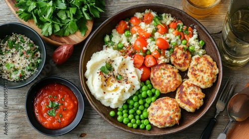 Wallpaper Mural Healthy meal bowl with mashed potatoes, fish cakes, vegetables, and sauce on rustic wood Torontodigital.ca