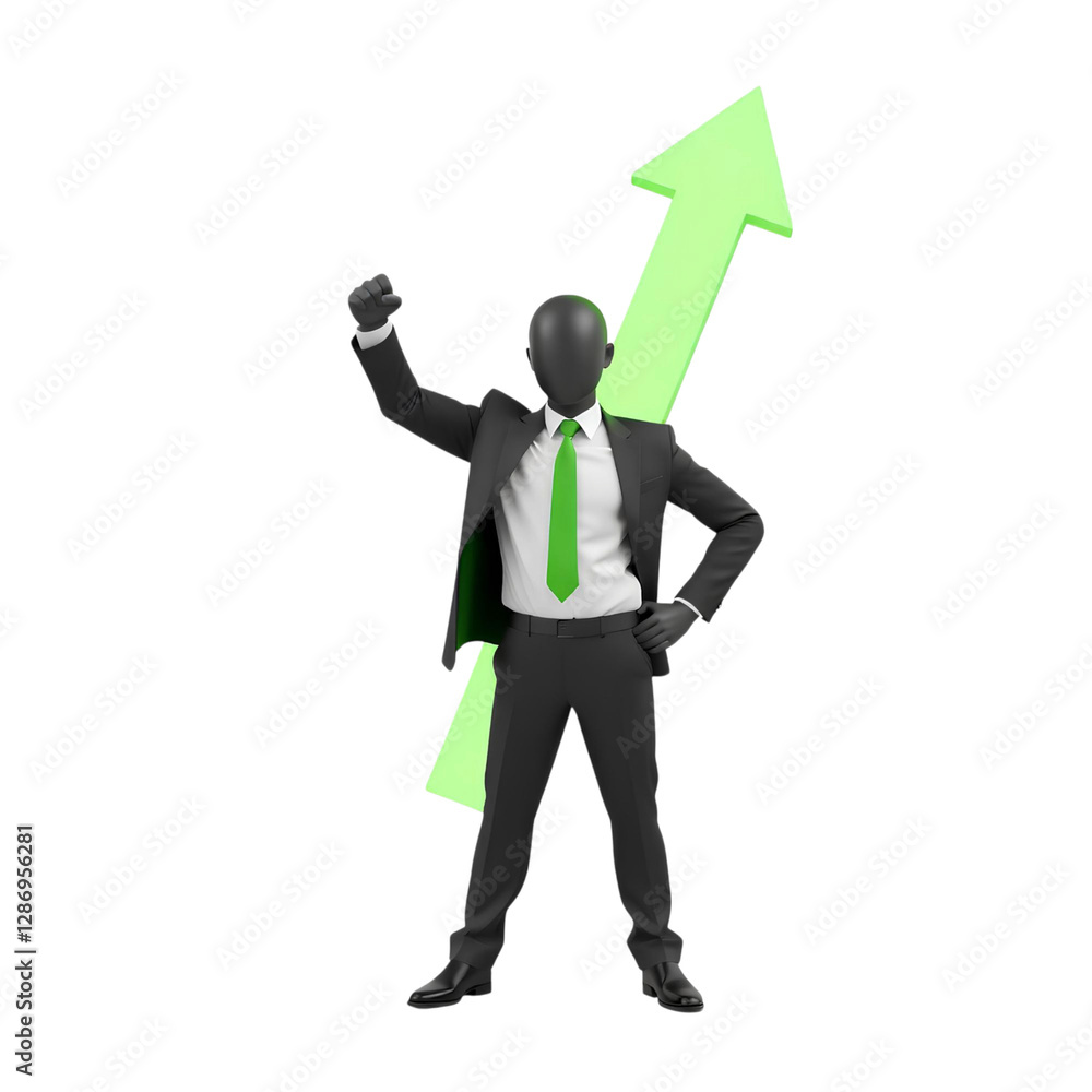 3d faceless businessman celebrating success with a rising arrow, representing achievement and business growth, high quality png isolated on transparent background 3d faceless businessman celebrating success with a rising arrow, representing achievement and business growth, high quality png isolated on transparent background