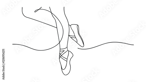 Line art drawing of a ballerinas legs and feet in pointe shoes. Simple, elegant style, emphasizing graceful posture and footwear. Minimalist aesthetic.