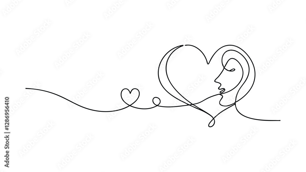 A single continuous line drawing depicts a womans profile seamlessly integrated within a heart shape, symbolizing love and romance. A smaller heart is subtly included near the beginning of the line, A single continuous line drawing depicts a womans profile seamlessly integrated within a heart shape, symbolizing love and romance. A smaller heart is subtly included near the beginning of the line,
