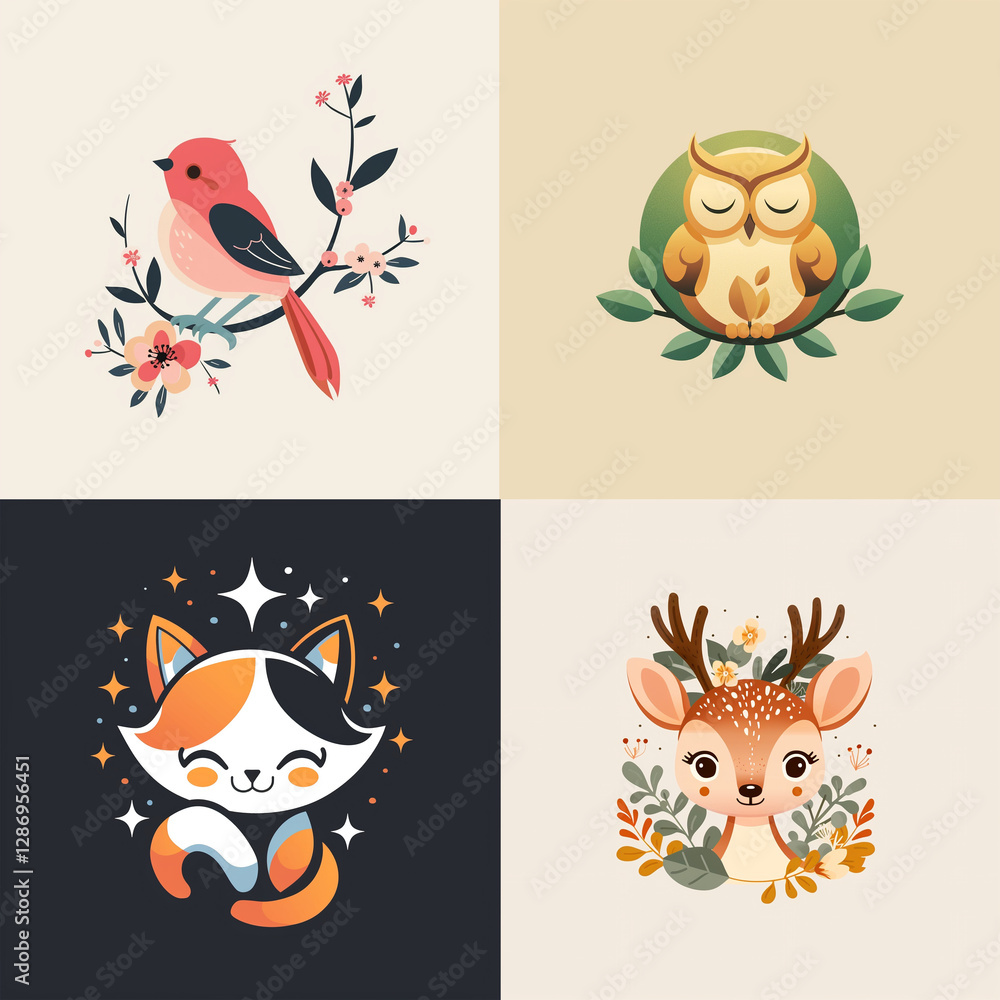 Naklejka premium Four illustrations: A bird on a branch, a serene owl, a sparkling kitten, and a cute deer surrounded by foliage, each in a unique color block. Calm, inviting imagery.