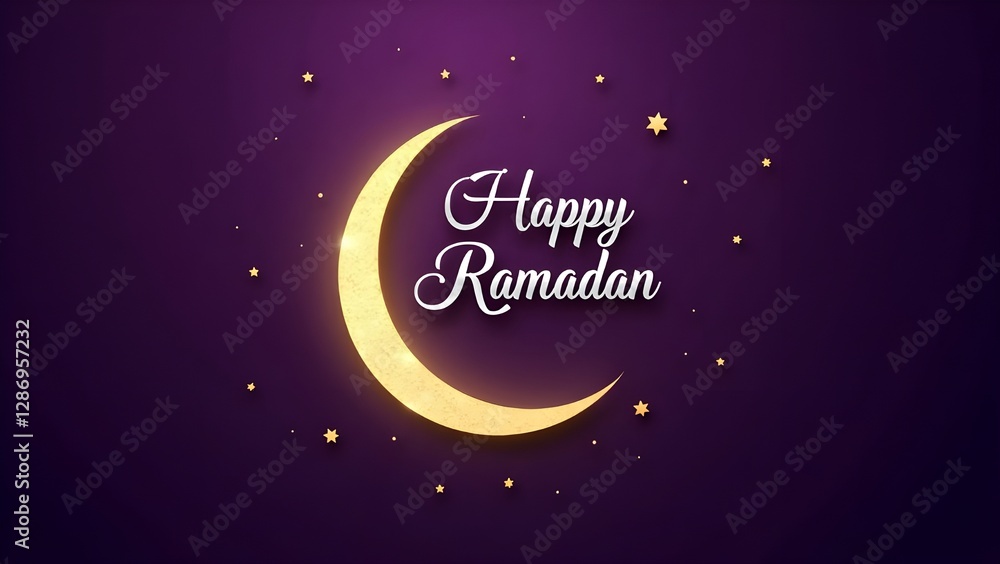 Fototapeta premium Happy Ramadan Greeting: Glowing Crescent Moon, Stars, and Calligraphic Text on Purple Background