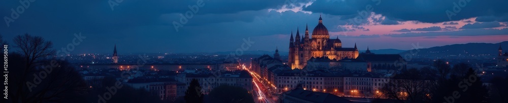 Fototapeta premium Darkened cityscape at night with Angers Cathedral illuminated , angers, old town, night