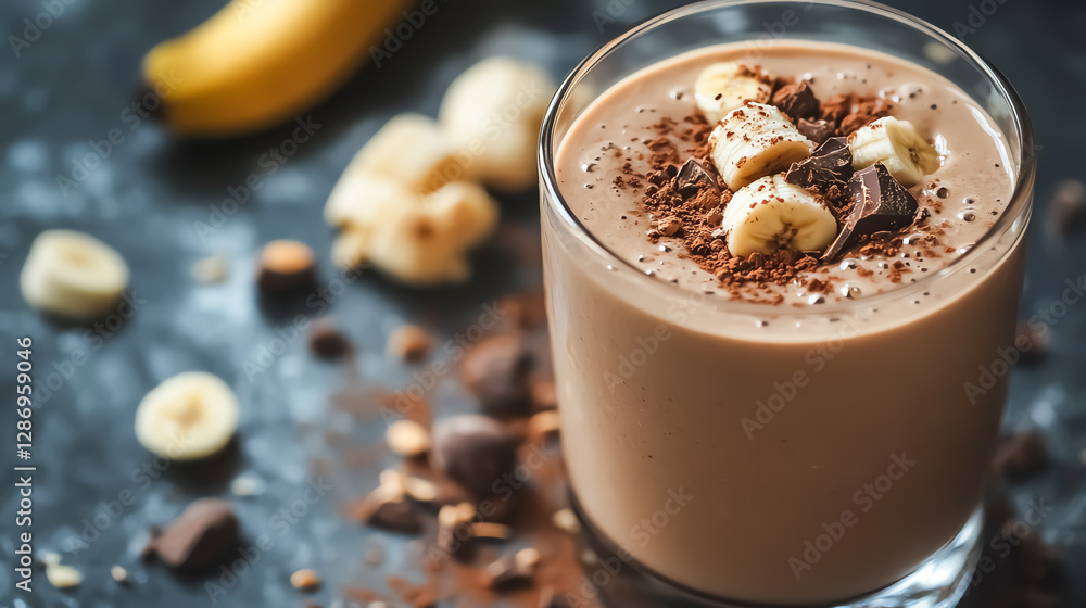 Macadamia milk smoothie with cacao and bananas, vibrant healthy drink concept, bright summer colors, detailed closeup shot Macadamia milk smoothie with cacao and bananas, vibrant healthy drink concept, bright summer colors, detailed closeup shot