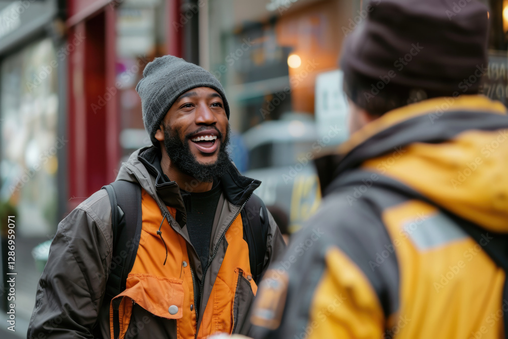 Fototapeta premium Friendly Exchange Among Couriers Preparing for Their Next Routes Outside a Cafe