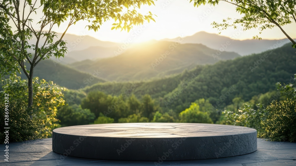 Scenic View of Mountain Landscape at Sunrise with Stone Platform Scenic View of Mountain Landscape at Sunrise with Stone Platform
