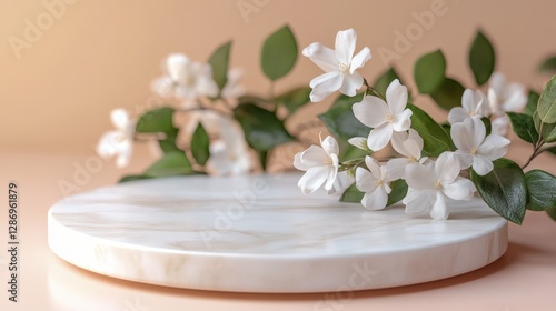 White Flowers and Green Leaves on Round Marble Platform