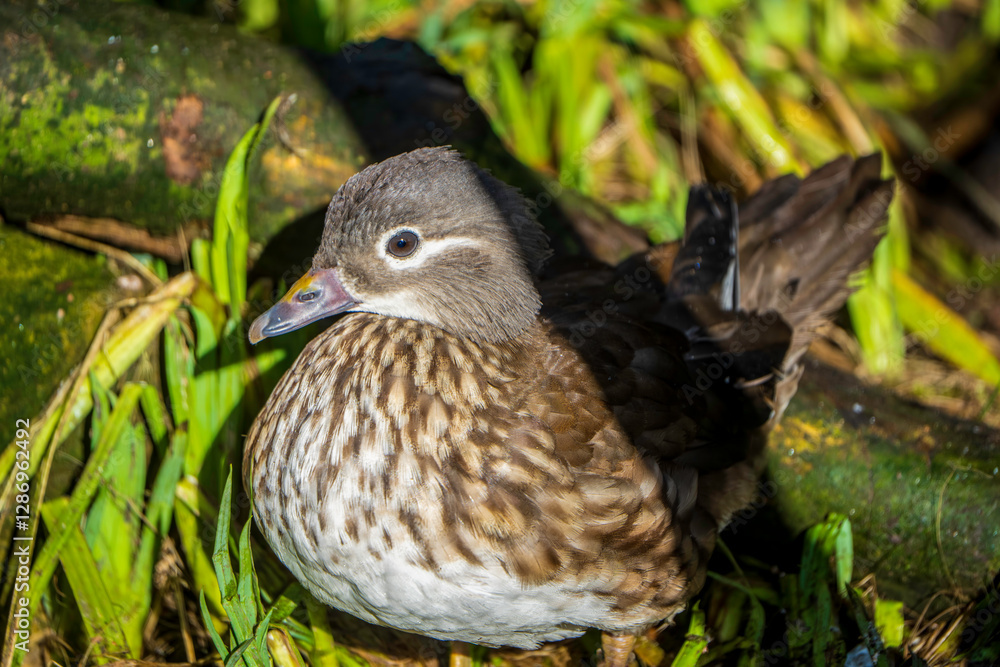 A gentle female Mandarin duck nestles near mossy logs in the sunlit grass, showcasing earthy tones that harmonize with the vibrant wetland around her A gentle female Mandarin duck nestles near mossy logs in the sunlit grass, showcasing earthy tones that harmonize with the vibrant wetland around her