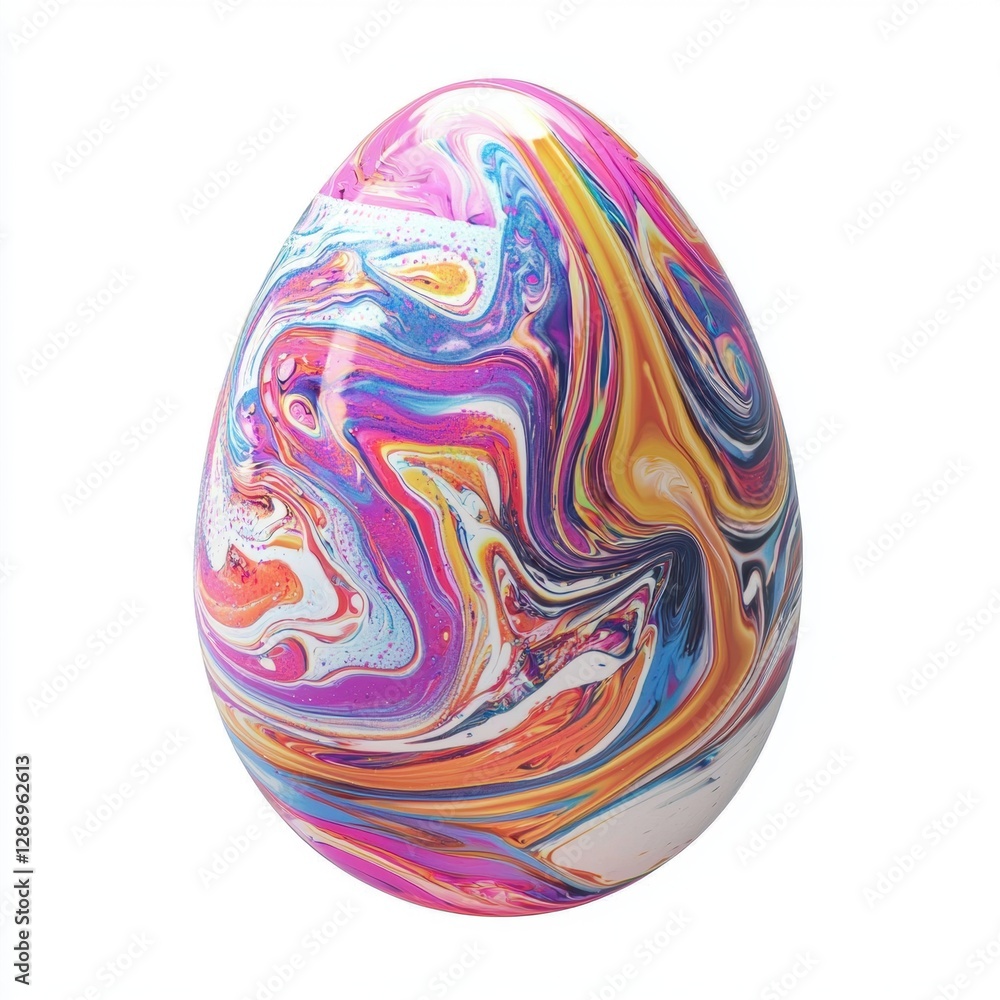 Happy Easter distorted egg with warped liquid paint swirls and stretched color patterns isolated on white background Happy Easter distorted egg with warped liquid paint swirls and stretched color patterns isolated on white background