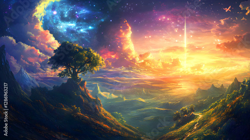 Scenic tropical landscape with a rainbow over lush green mountains and ocean
