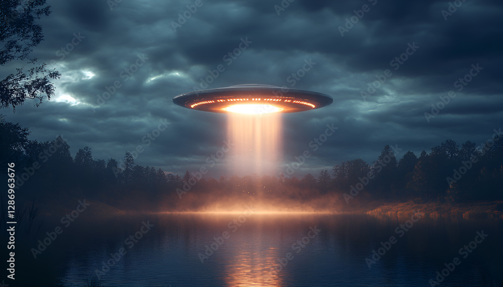 Alien spaceship emitting light beam in air over lake. UFO Alien spaceship emitting light beam in air over lake. UFO