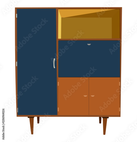 Retro vintage sideboard vector illustration in mid century modern style for living room, dining room interior design. Isolated 