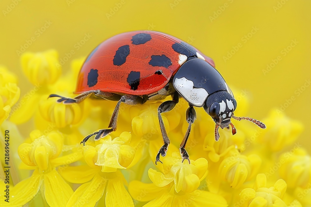 Fototapeta premium Seven spot ladybird resting on a vibrant yellow flower in beautiful bavaria, germany