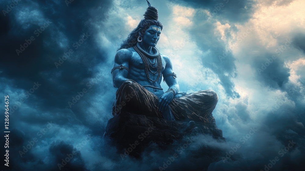 A dramatic representation of Lord Shiva in a stormy sky, symbolizing strength and power A dramatic representation of Lord Shiva in a stormy sky, symbolizing strength and power