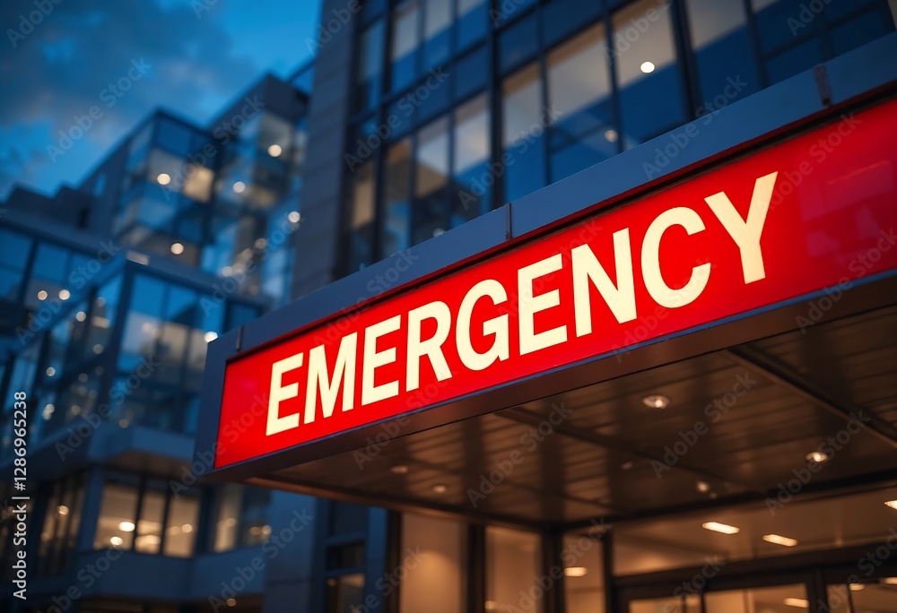 Bright red emergency sign illuminating the entrance of a modern hospital at dusk, highlighting the critical nature of urgent medical care. Bright red emergency sign illuminating the entrance of a modern hospital at dusk, highlighting the critical nature of urgent medical care.