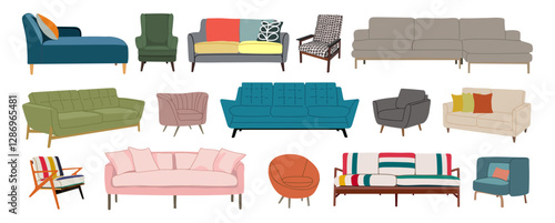 Modern sofas, armchairs and couches vector set. Trendy soft furniture collection in retro Mid Century modern style. Colored flat vector illustration isolated