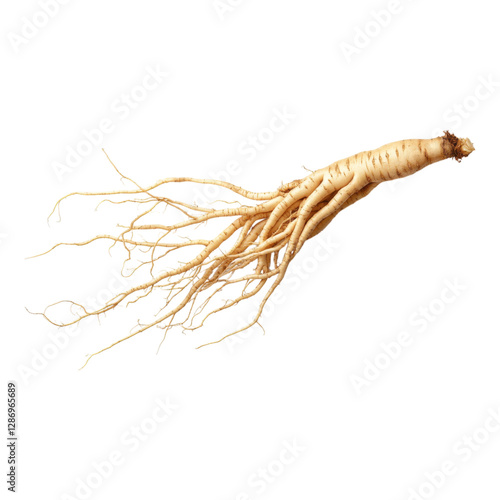 A ginseng root with vibrant, elongated roots showcasing its natural texture and form.
