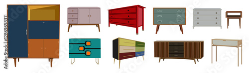 Set of Retro vintage sideboards, chest of drawers, cabinet, bedside night stands vector illustration in mid century modern style for living, dining room interior design. Isolated