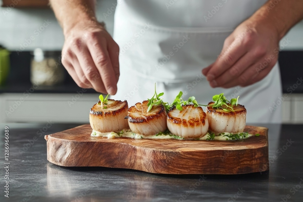 Chef expertly plates seared scallops with herbs on a rustic wooden board. Chef expertly plates seared scallops with herbs on a rustic wooden board.