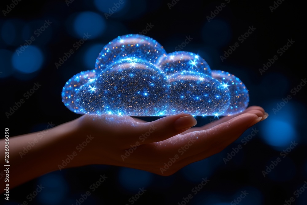 Hand holding cloud computing icon representing data storage, backup, and file management in network Hand holding cloud computing icon representing data storage, backup, and file management in network