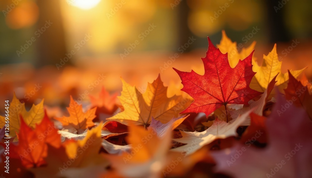 Fototapeta premium Close-up shot, pile of maple leaves, warm sunlight , texture, leaves, fall background
