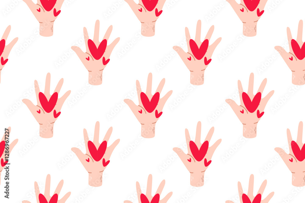 Fototapeta premium Seamless pattern with raised up hand with hearts