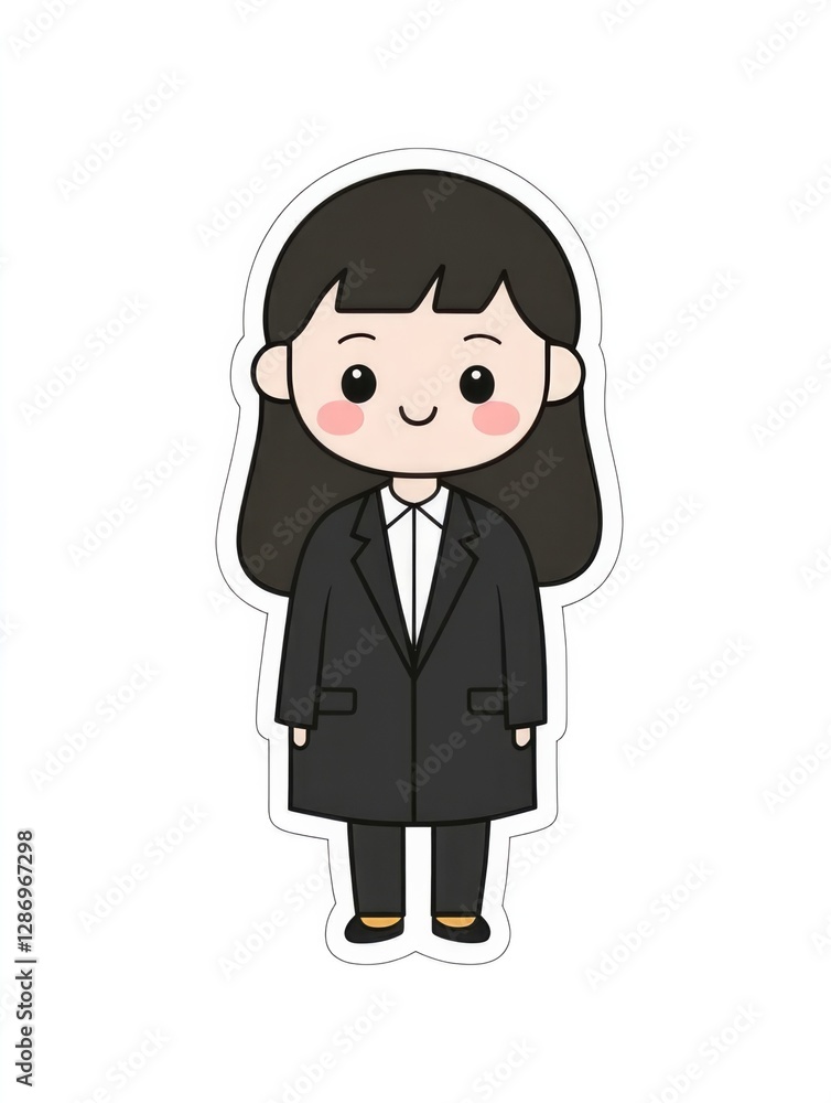 A fashionable cartoon girl wearing a classic black suit embraces professionalism while conveying a sense of confidence and contemporary style, embodying elegance in design. A fashionable cartoon girl wearing a classic black suit embraces professionalism while conveying a sense of confidence and contemporary style, embodying elegance in design.