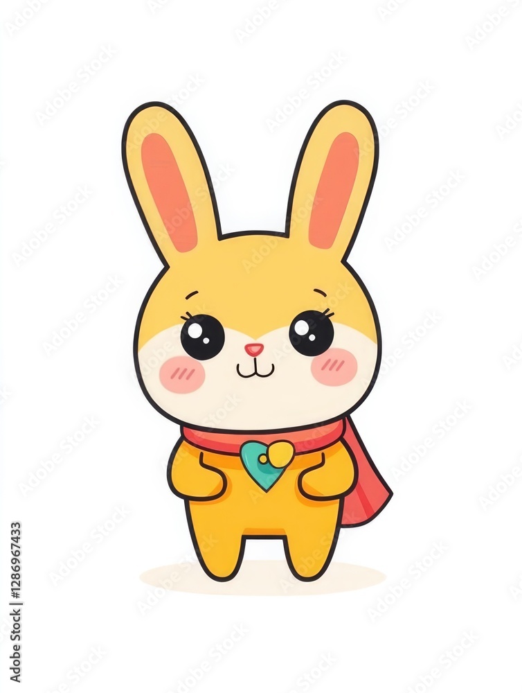 An adventurous bunny dressed as a superhero with a colorful cape, radiating positivity and courage in a playful, cartoonish style that appeals to children. An adventurous bunny dressed as a superhero with a colorful cape, radiating positivity and courage in a playful, cartoonish style that appeals to children.