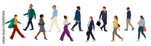 Set of Diverse business people walking side view. Modern men and women different ethnicities, ages and body types in smart casual and formal office outfits with phone, briefcase, bags. Vector isolated