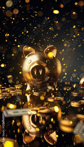 Luxurious Golden Piggy Bank with Coins on Reflective Surface for Premium Financial Concepts