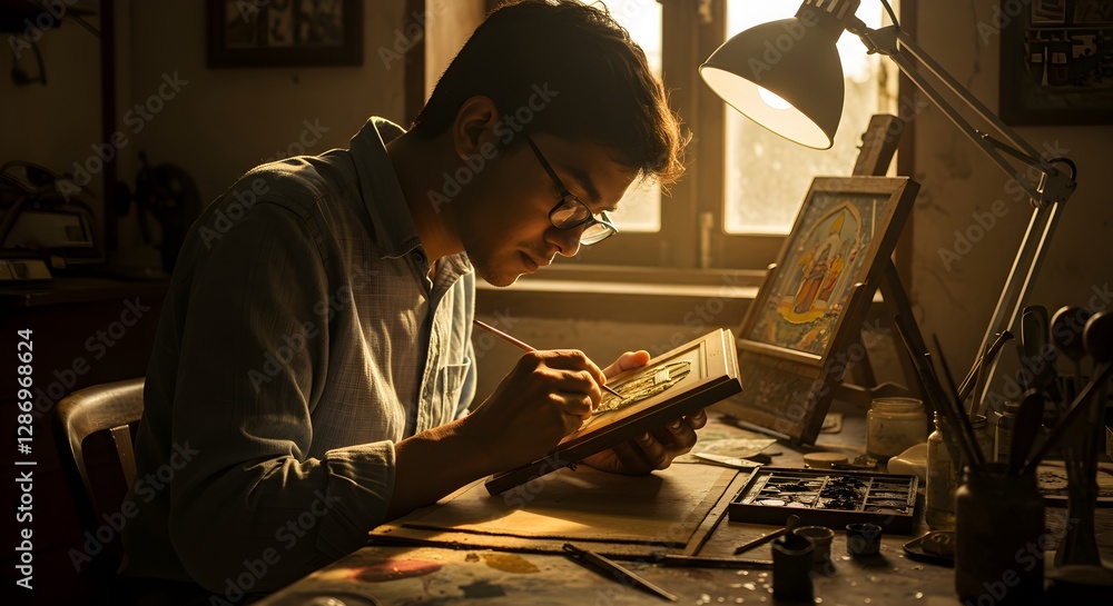 Fototapeta premium Artist working on illustration at desk in morning sunlight. Man drawing in sketchbook with lamp and computer setup. Creative workspace in golden hour lighting with cozy atmosphere