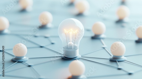 A central glowing light bulb connected to multiple nonglowing bulbs, symbolizing leadership or innovation.