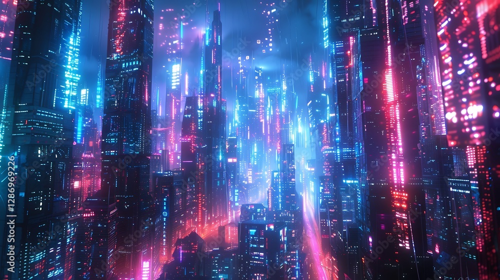 A breathtaking cyberpunk-style futuristic city with skyscrapers made of transparent digital screens, streams of glowing big data flowing through neon-lit streets, holographic charts and analytics A breathtaking cyberpunk-style futuristic city with skyscrapers made of transparent digital screens, streams of glowing big data flowing through neon-lit streets, holographic charts and analytics