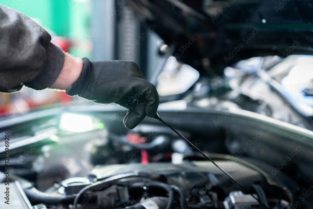 Obraz premium Serviceman checks the oil level in a car engine