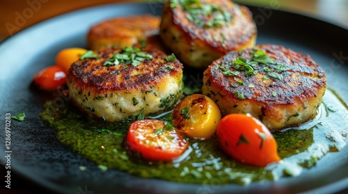 Restaurant appetizer three golden fried fish cakes with pesto sauce and cherry tomatoes on dark plate, blurred background photo