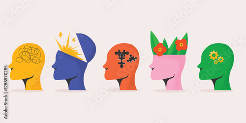 Mental health illustration set. Psychotherapy concept.Collection of different people head, puzzle of human head, psychotherapy, mindfulness,overthinking,burnout.Mental health problems.Vector