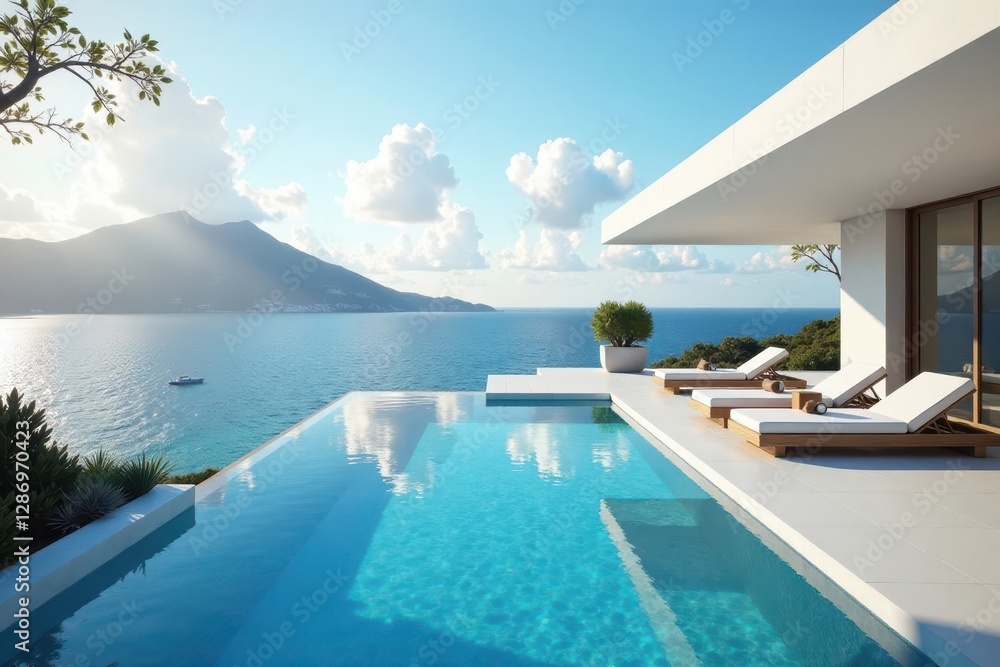 Fototapeta premium Sleek minimalist villa, expansive terrace overlooking ocean, landscaping, clouds