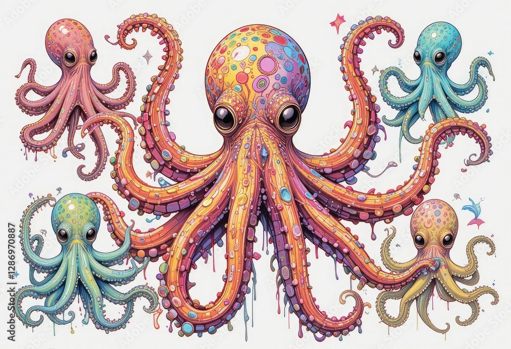 Fototapeta premium Colorful Octopus Illustration Featuring Multiple Octopi Against a White Background