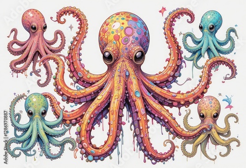 Wallpaper Mural Colorful Octopus Illustration Featuring Multiple Octopi Against a White Background Torontodigital.ca