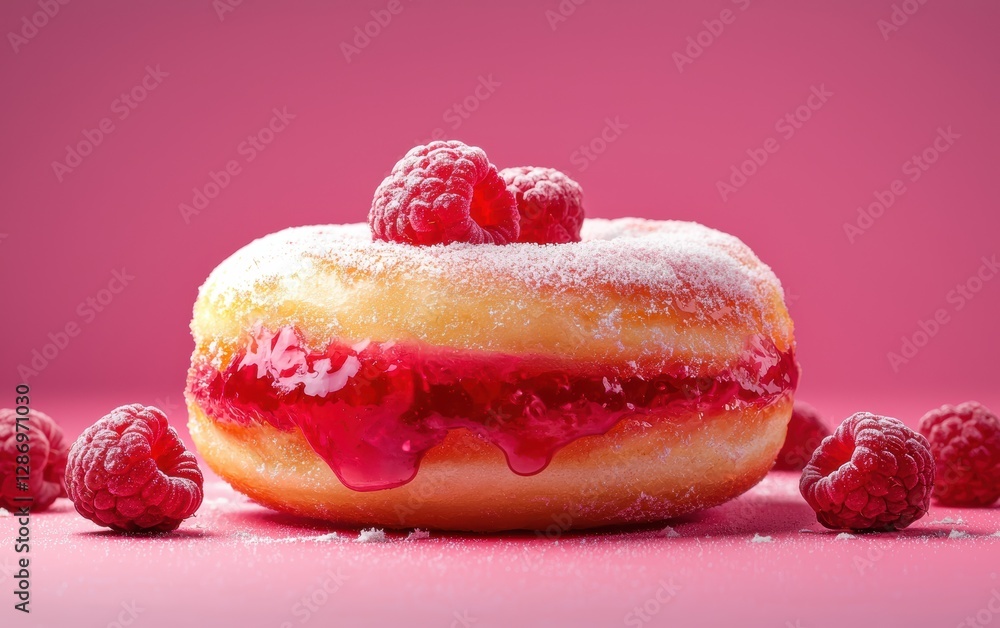 A classic jelly donut with vibrant raspberry filling oozing out, deep pink background A classic jelly donut with vibrant raspberry filling oozing out, deep pink background