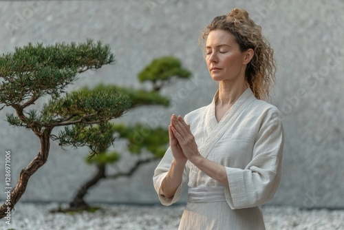 Woman in serene meditation, hands clasped, amidst bonsai trees, embodying peace and tranquility.