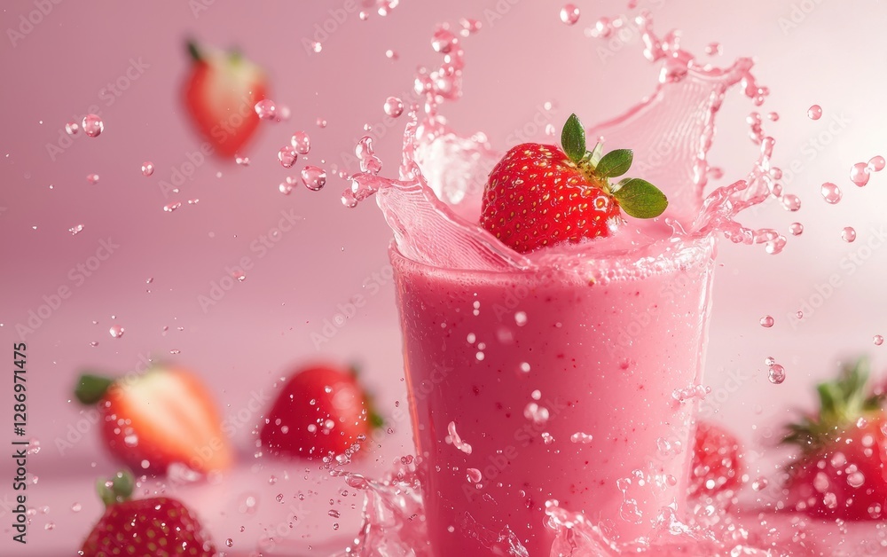 A pink smoothie splashing with fresh strawberries floating, soft pastel pink background A pink smoothie splashing with fresh strawberries floating, soft pastel pink background